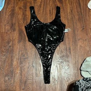 NWT black patent leather body suit